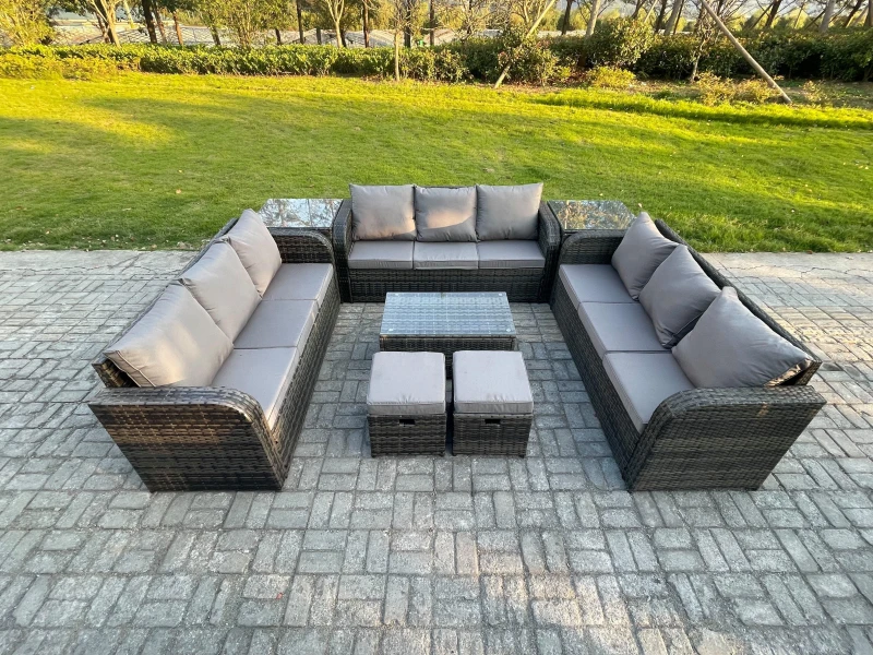 Image of Fimous Rattan Lounge Sofa Set 11 Seater Outdoor Garden Furniture Set with Rectangular Coffee Table 3 Seater Sofa 2 Side Tables 2 Small Footstools Dark