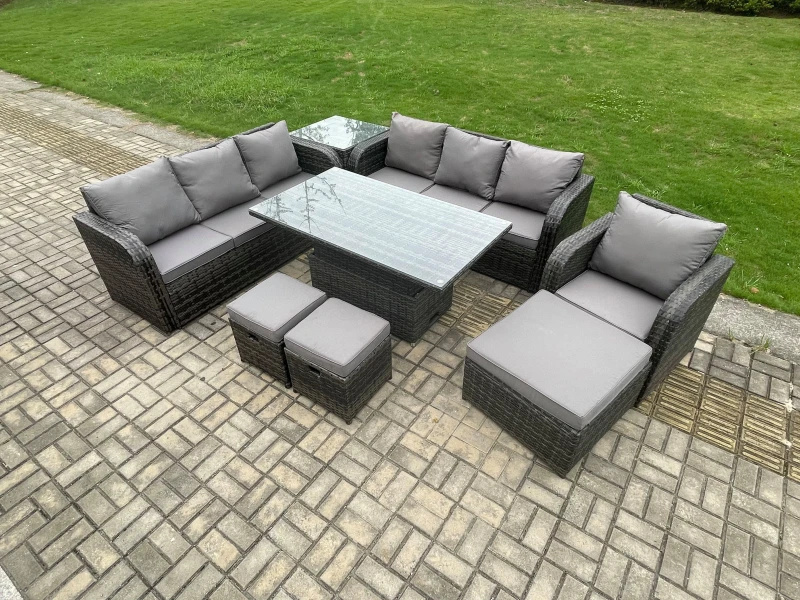 Image of Fimous PE Rattan Outdoor Garden Furniture Sets Height Adjustable Rising lifting Dining Table Sofa Set with Side Table Reclining Chair Dark Grey