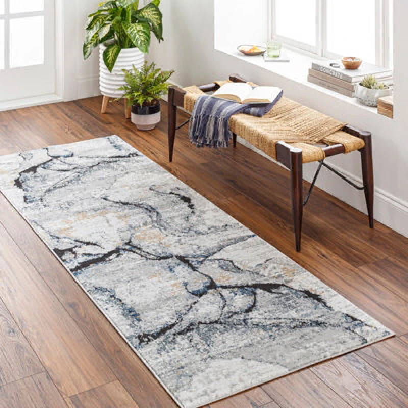 Image of Livabliss Abstract Modern Marble Dark Blue Lyna Runner Rug 80 X 220 Cm - Easy Care, Non Shedding, Ideal For Hallway Or Beside The Bed