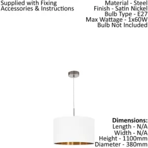 Image of Pendant Light Colour Satin Nickel Shade White Copper Fabric Bulb E27 1x60W