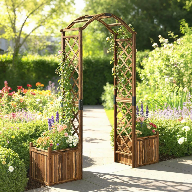 Image of OUTSUNNY Wooden Garden Arch with 2 Planter Boxes, Decorative Garden Arbor in Brown Brown Unisex