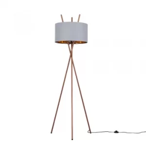 Image of Crawford Copper Tripod Floor Lamp with XL Grey and Copper Reni Shade