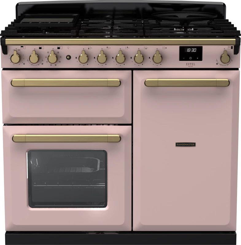 Image of Rangemaster Estel Deluxe ESDL100DFPPPK/AB1 100cm wide Dual Fuel Range Cooker with Gas Hob - Pale Pink / Antique Brass - A/A Rated