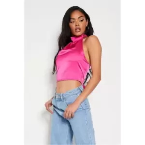 Image of I Saw It First Hot Pink Satin Halterneck Tie Back Button Detail Crop Top - Pink
