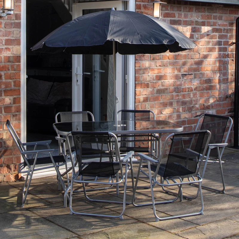 Image of 6 Person Garden Furniture Patio Set Table, 6 Chairs & Parasol with Black Glass