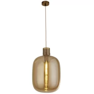Image of Searchlight Barrel 1 Light Pendant, Brass, Amber Glass