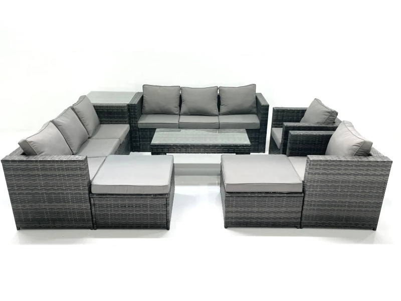 Image of Fimous Rattan Garden Furniture Sofa Set with Coffee table Armchair Side Table 2 Big Footstools Dark Grey Mixed Dark Grey