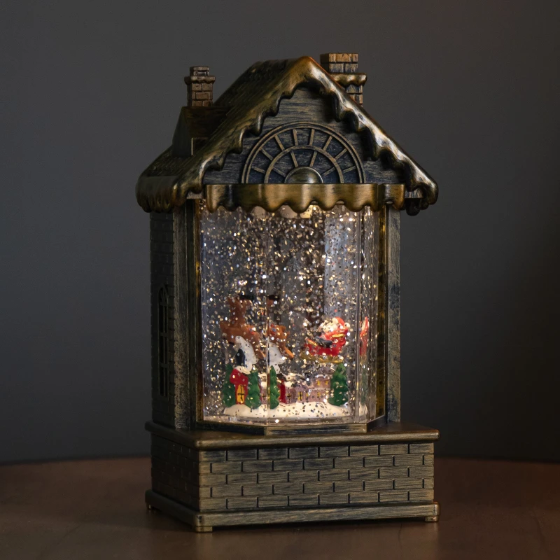 Image of 20cm Dual Powered Light up Christmas House Water Spinner with Santa in Sleigh Scene and LEDs