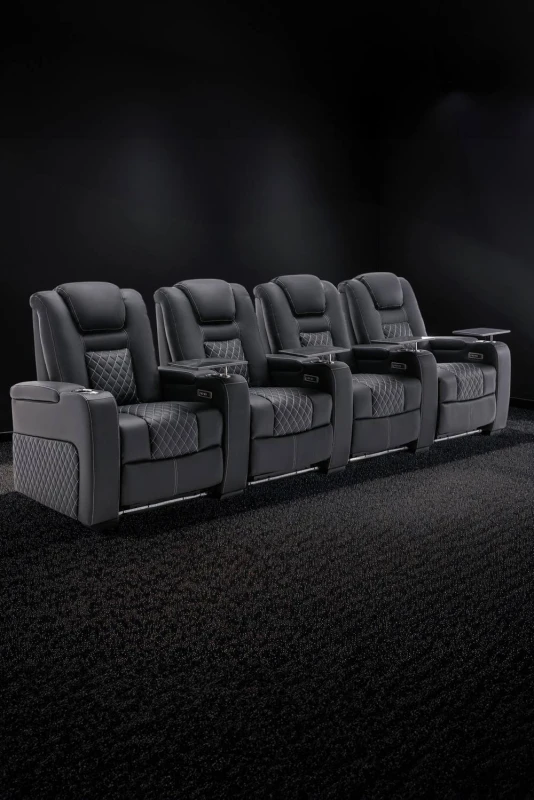 Image of More4Homes Broadway 4 Seater Electric Recliner Cinema Sofa USB Charging LED Base With Tray (Black W White Stitching)