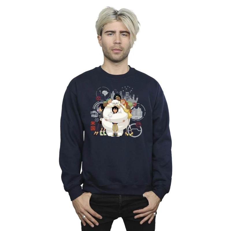 Image of Disney Men Big Hero 6 Baymax Group Hug Sweatshirt in Navy Size: Small Navy S Male 5059934884564
