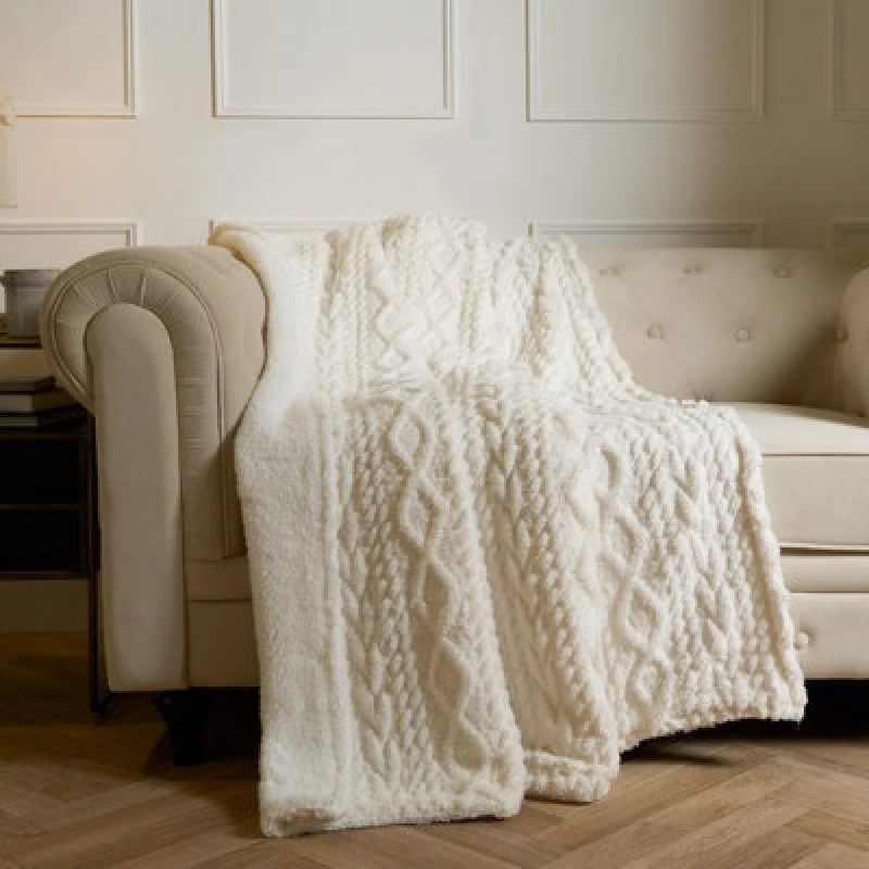 Image of OHS OHS Cable Knit Blanket Sherpa Fleece Sofa Plush Supersoft Warm Throw Over Bed Chair in Cream Cream One Size Unisex 5027434192281