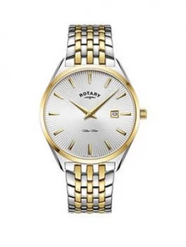 Image of Rotary Rotary Ultra Slim Silver And Gold Detail Date Dial Two Tone Stainless Steel Bracelet Mens Watch