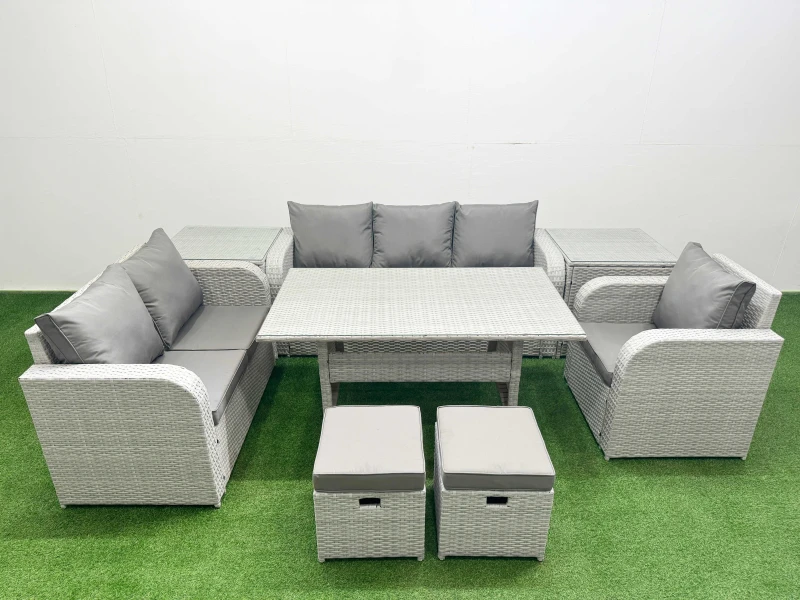Image of Fimous Patio PE Wicker 8 Seater Outdoor Rattan Furniture Sofa Sets with Rectangular Dining Table Reclining Chair Loveseat Sofa 3 Seater Sofa Stool 2 S