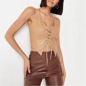Image of Missguided Faux Leather Lace Up Corset Top - Beige