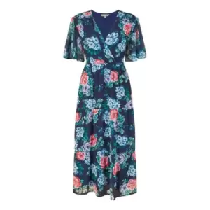 Image of Yumi Navy Floral Tiered Hem Midi Dress - Blue