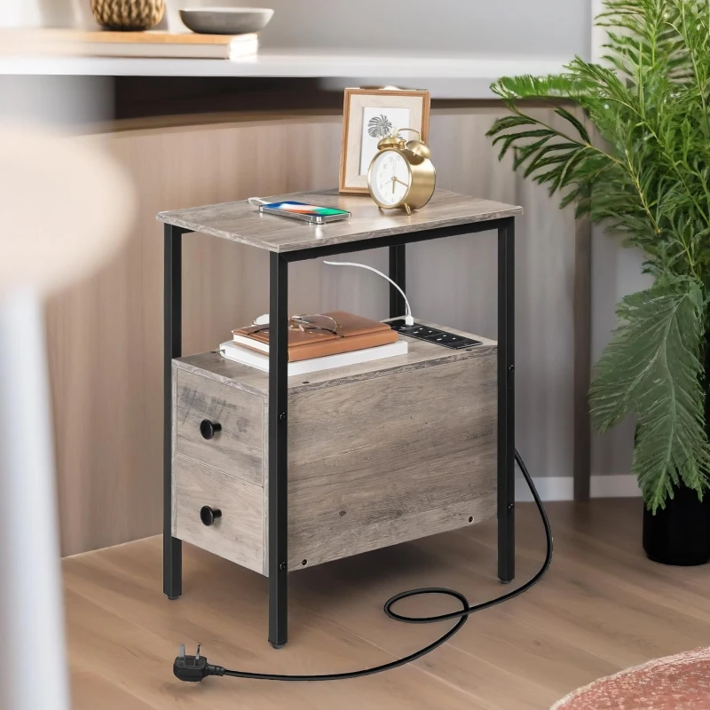 Image of Rafaelo Mobilia Bedside Table with Power Outlet & USB Ports Greige in Grey Grey Unisex