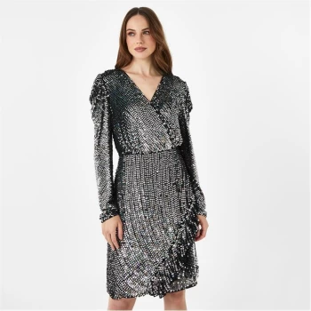 Image of Biba BIBA V Neck Iridescent Mini Dress - Silver