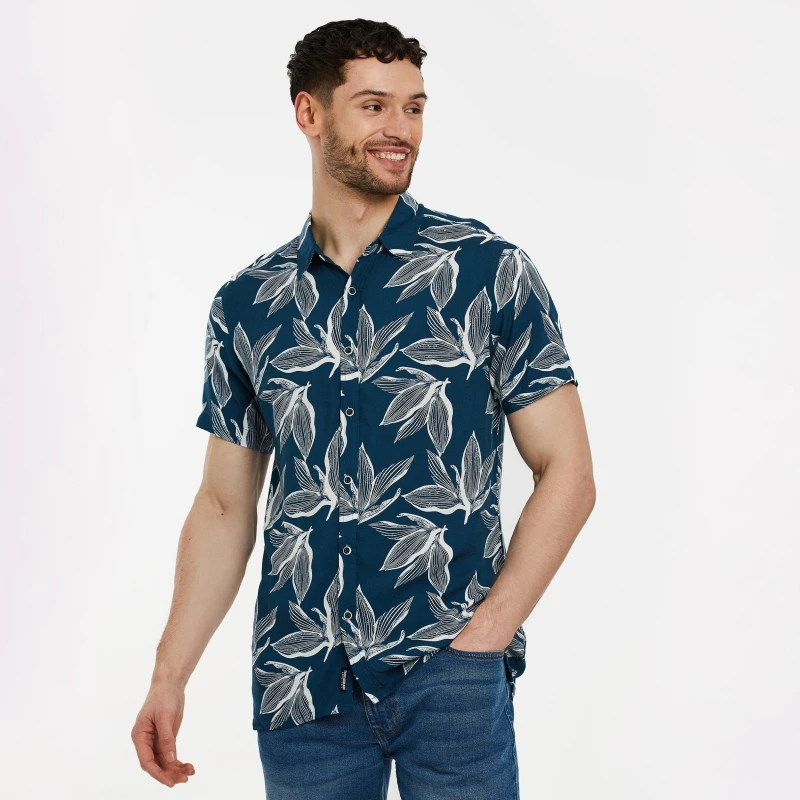 Image of Threadbare Leaf Print Short Sleeve Shirt - Blue Blue S