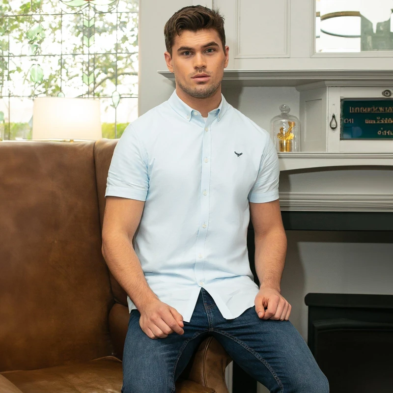 Image of Threadbare Oxford Cotton 'Inferno' Short Sleeve Shirt Light Blue
