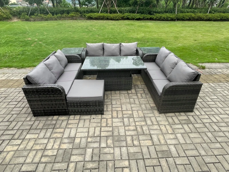 Image of Fimous Patio Garden Dining Set Outdoor Rattan Furniture Sofa Height Adjustable Rising Table With 2 Side Tables Dark Grey