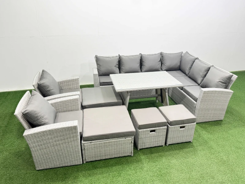 Image of Fimous 12 Seater Garden Outdoor Rattan Furniture Set Dining Table 2 Armchairs in Light Grey Light Grey Unisex