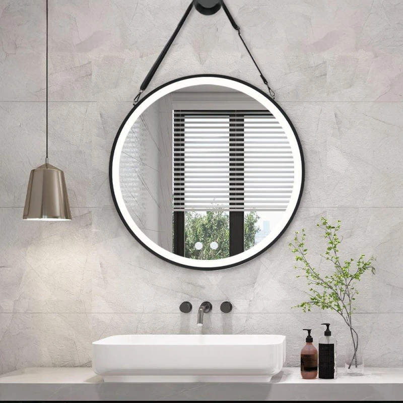 Image of Kabinet UK Round Metal LED Mirror with Hanging Strap Black unisex One Size
