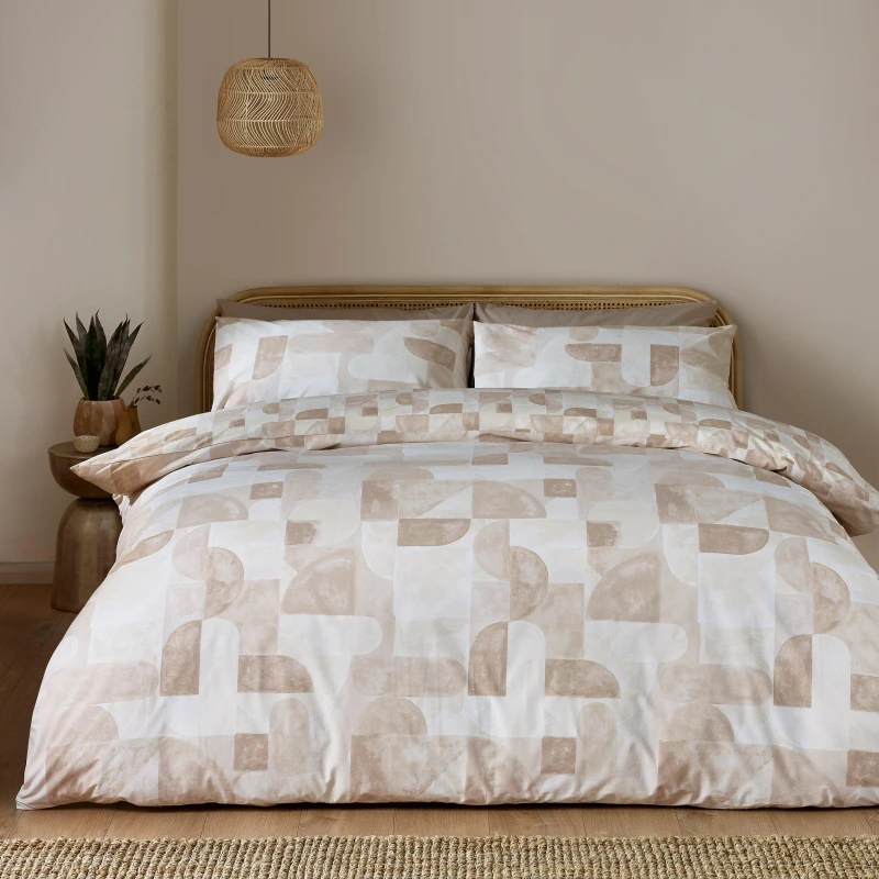 Image of Catherine Lansfield Catherine Lansfield 'Sloane Geo' Reversible Duvet Cover Set in Natural Size: Double Natural Double Unisex 5057681176482