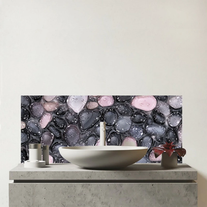 Image of Warren Reed - Designer Glossy Pebbles in Soft Hues Glass Bathroom Splashback Multicolor Unisex