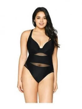 Image of Curvy Kate Sheer Class Plunge Swimsuit, Black, Size 34E, Women