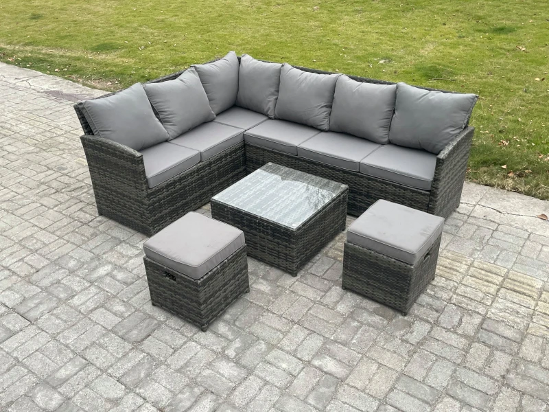 Image of Fimous 8 Seater Outdoor Garden Furniture Set Wicker PE Rattan Corner Sofa Set with Square Coffee Table 2 Small Footstools Dark Grey Mixed Dark Grey