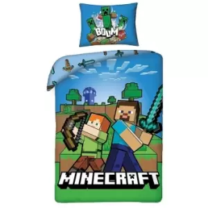 Image of Boom Duvet Cover Set (Single) (Blue/Green/White) - Blue/Green/White - Minecraft