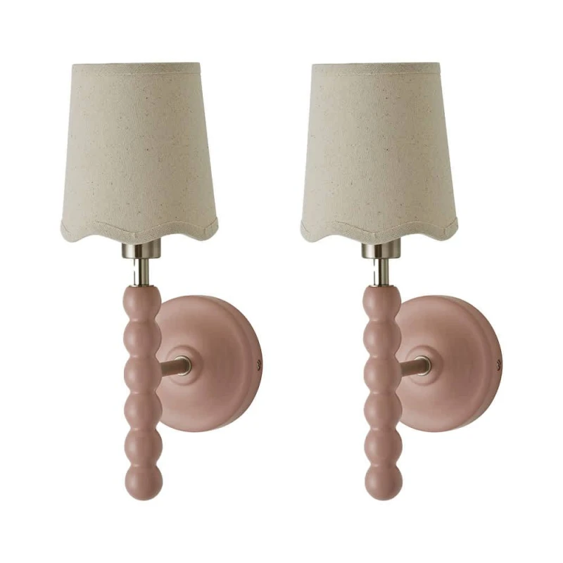 Image of ValueLights Bobbins Pair Pastel Wall Lights & Natural Lamp Shades & Bulbs in Pale Pink Pale Pink Unisex