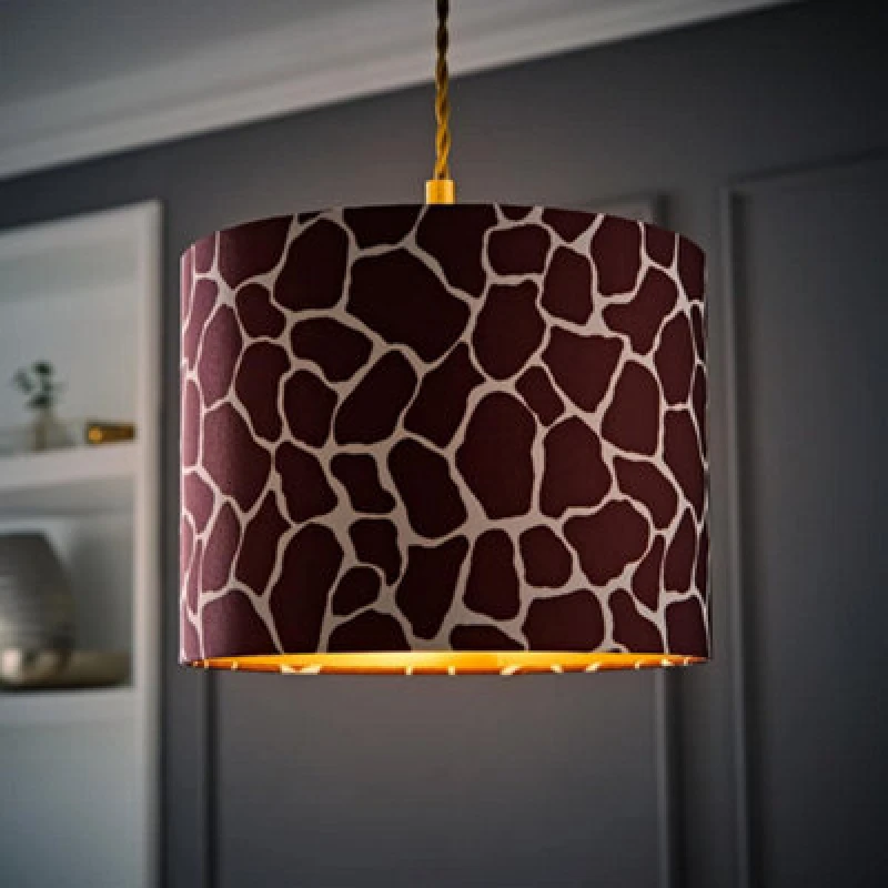 Image of ValueLights ValueLights Oasis Giraffe Print Fabric with Metallic Gold Inner Drum Lamp Shade and LED Bulb Multi One Size Unisex 5059406065712
