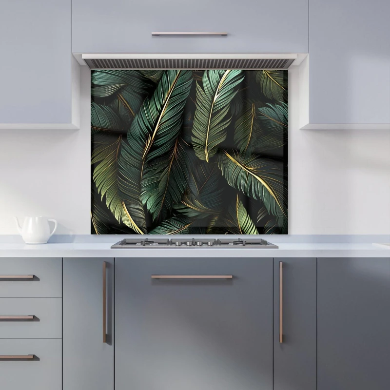 Image of Warren Reed - Designer Green & Gold Leaves Kitchen Splashback Size: 600mm x 750mm Green Unisex 600mm x 750mm