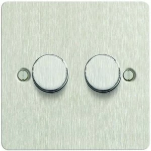 Image of Wickes Dimmer Switch 2 Gang 2 Way 400W Brushed Steel Ultra Flat Plate