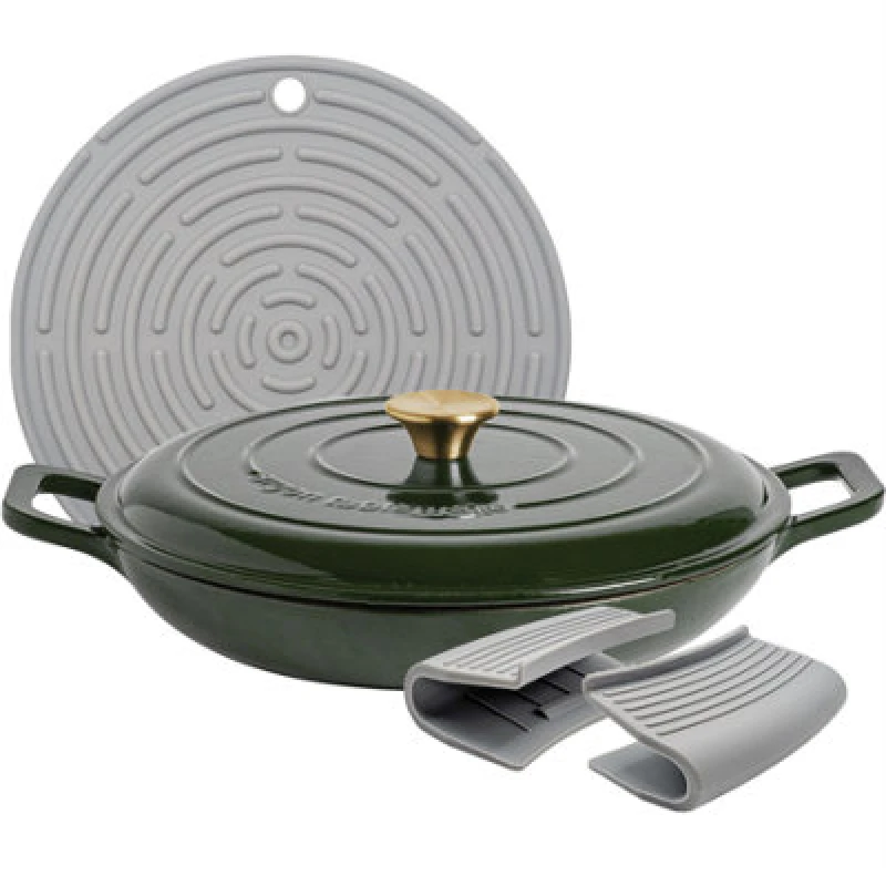 Image of Argon Tableware Shallow Cast Iron Casserole Dish - 2.3L Green Enamel Finish, Oven Safe Dutch Oven Cookware With Lid