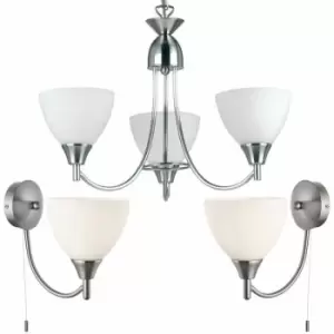 Image of 3 Lamp Ceiling & 2x Wall Light Pack Satin Chrome Glass Matching Indoor Fittings