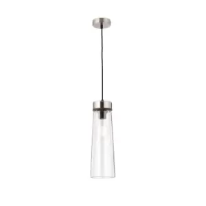 Image of Freedom Ceiling Pendant E27, With Large Clear Cylindrical Cone Glass Satin Nickel, Clear, Black Fabric