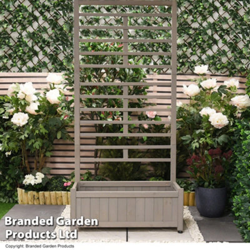 Image of THOMPSON & MORGAN Grey Raised Wooden Planter & Climbing Trellis Durable Fir Wood Garden Bed KF6532