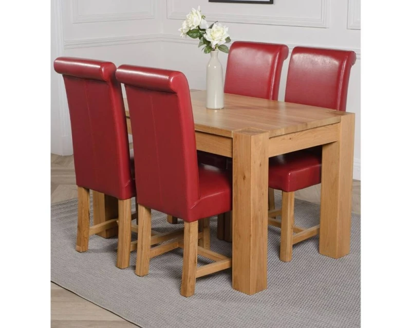 Image of Thats Furniture Kuba 125x80cm Chunky Oak Small Dining Table & 4 Washington Leather Chairs in Red Size: 125x80cm Red Unisex 125x80 cm