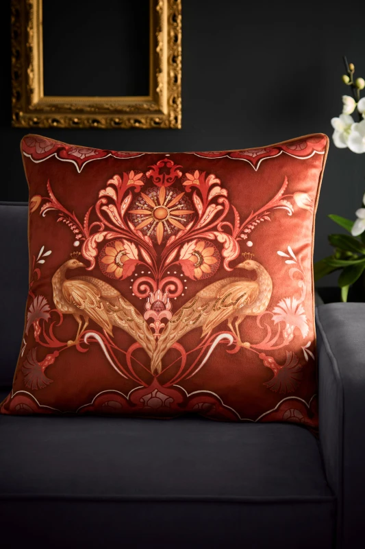 Image of Laurence Llewelyn-Bowen Laurence Llewelyn-Bowen 'Veritas' Arts & Crafts Print Velvet Filled Cushion in Red Size: 55cm x 55cm Red 55cm x 55cm Unisex