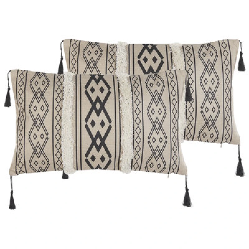 Image of Beliani Set Of 2 Decorative Cushions Pulmonaria 30 X 50 Cm Beige Geometric Pattern