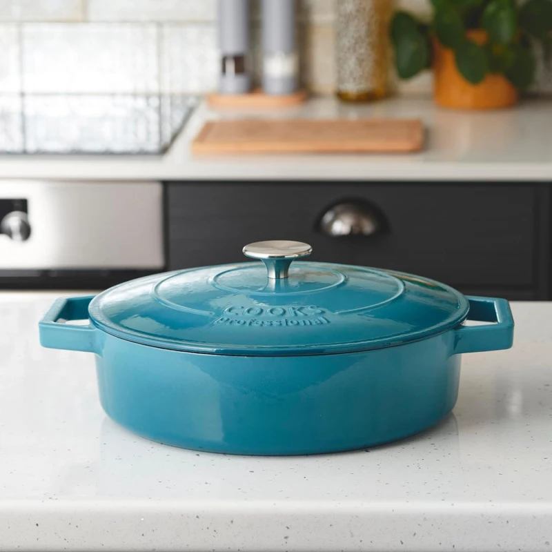 Image of Cooks Professional Cast Iron Casserole Dish 28cm Oven Proof Enamelled Pan with Lid in Teal Teal Unisex