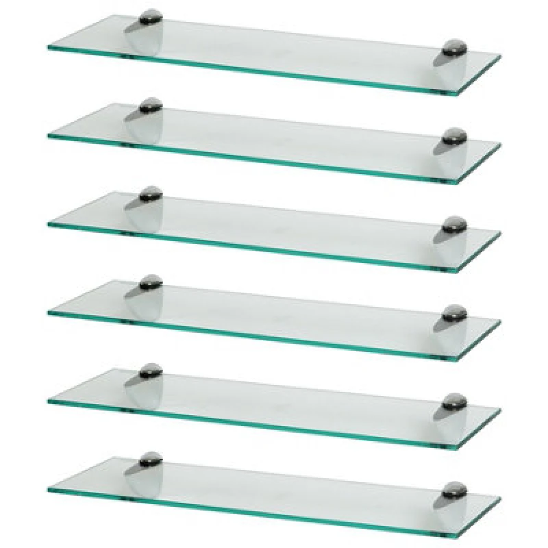 Image of Harbour Housewares 6X Floating Glass Shelves - 60Cm - Silver Brackets - Bathroom Shower Storage Vanity Display Unit Shelf