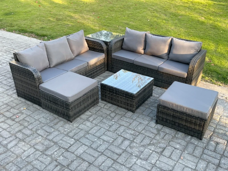 Image of Fimous 8 Seater Outdoor Rattan Garden Furniture Set Conservatory Patio Sofa Coffee Table With 2 Big Footstool Side Table Dark Grey Mixed Dark Grey