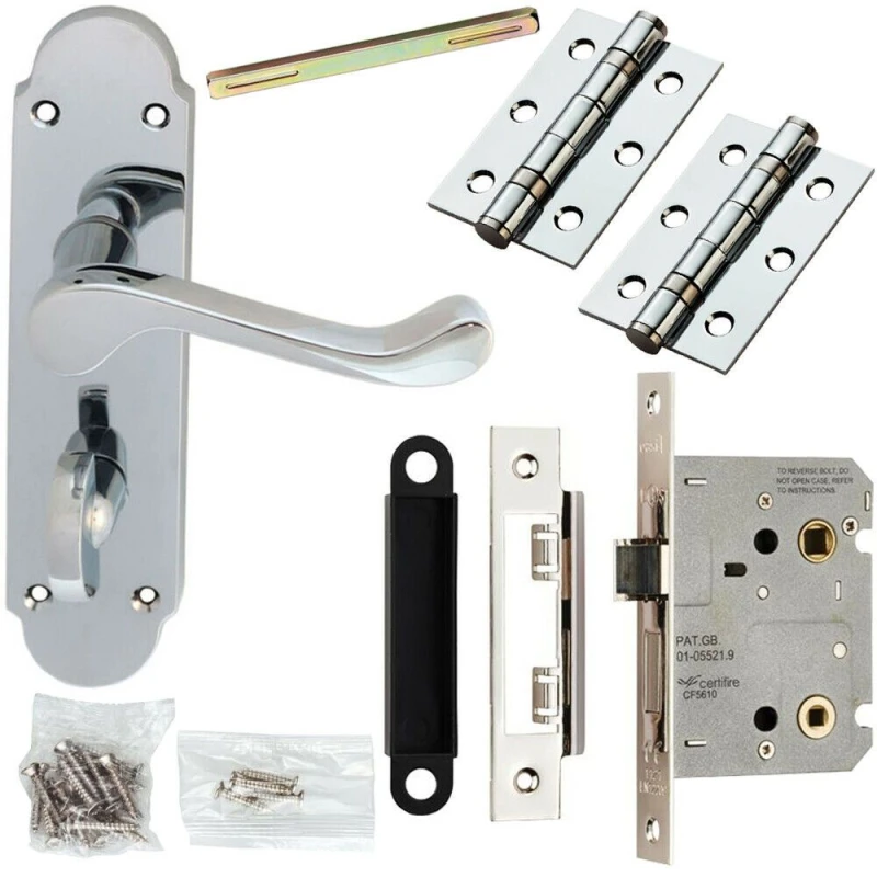 Image of Loops Door Handle & Bathroom Lock Pack Chrome Upturned Scroll Thumb Turn Backplate Multi