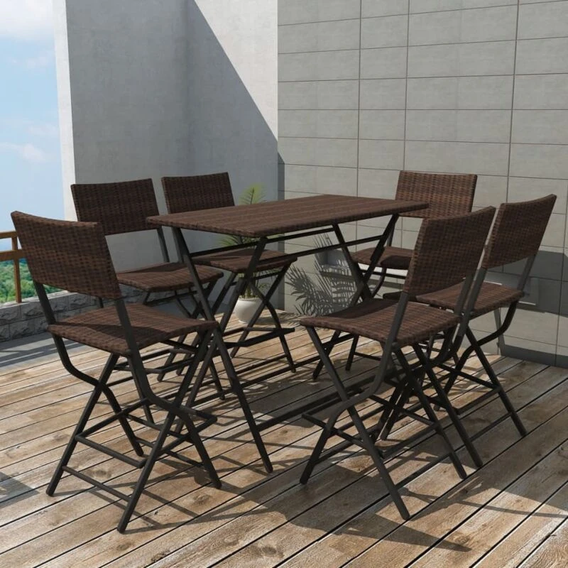 Image of vidaXL Outdoor Dining Set 7 Pieces Poly Rattan Brown Folding Bar Table Chairs