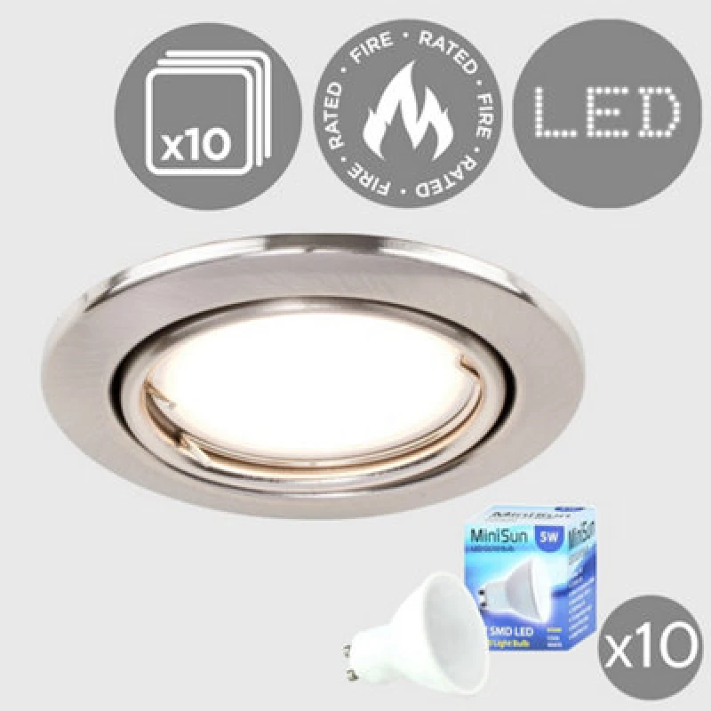 Image of ValueLights Downlight Tiltable Fire Rated Ceiling Light Fitting 10 Pack With Cool White Bulbs Silver