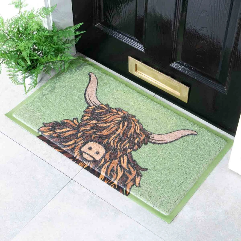 Image of Artsy Doormats Green Highland Cow Doormat (70 X 40Cm), Green DMW-HIGHLANDBRO