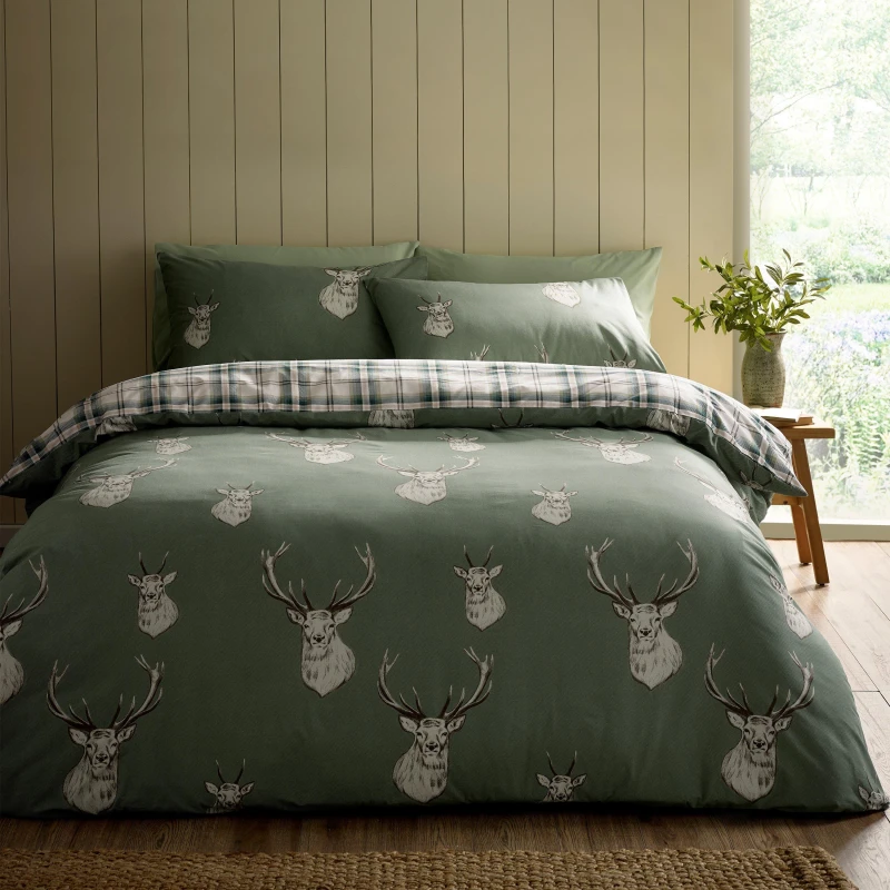 Image of Catherine Lansfield Stag Check Reversible Duvet Cover Set Soft Soft Green unisex Single